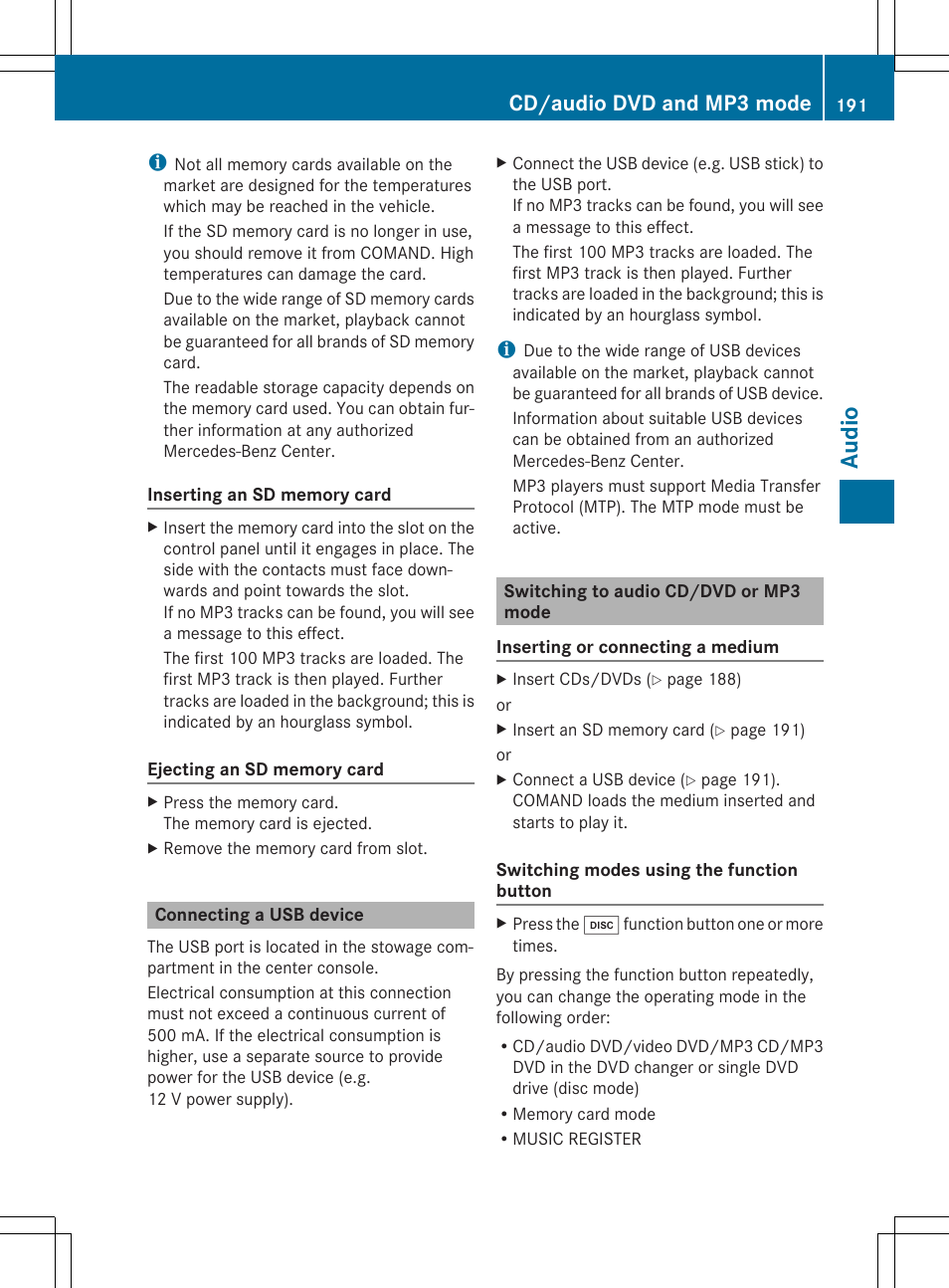 Audio, Cd/audio dvd and mp3 mode | Mercedes-Benz CLS-Class 2014 COMAND Manual User Manual | Page 193 / 270