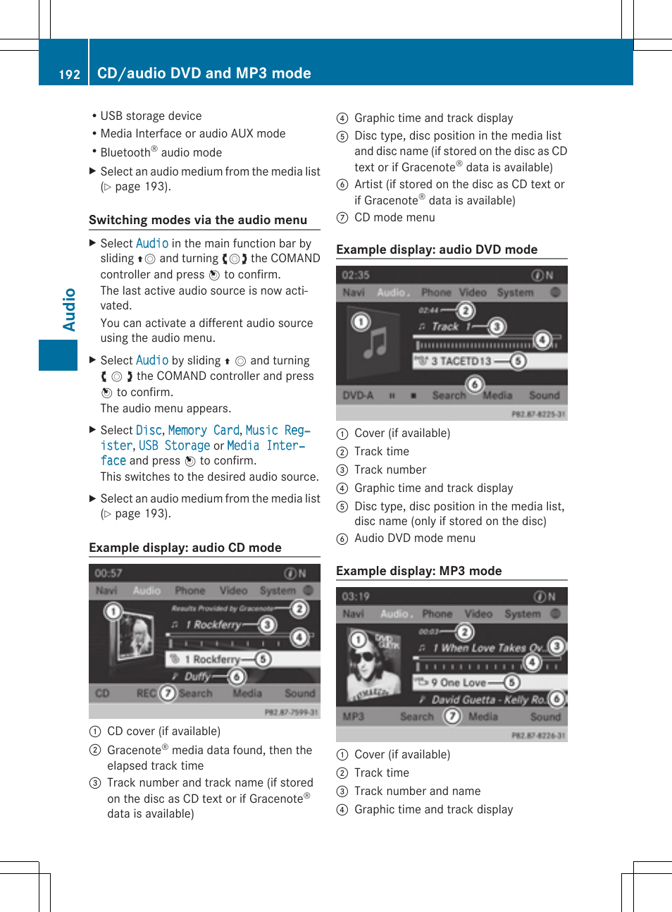 Aud io, Cd/audio dvd and mp3 mode | Mercedes-Benz CLS-Class 2014 COMAND Manual User Manual | Page 194 / 270