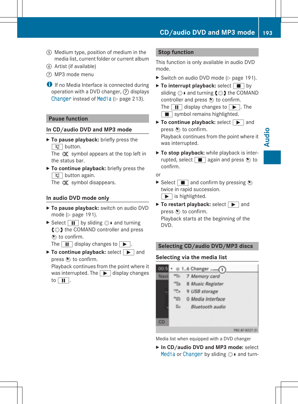 Audio, Cd/audio dvd and mp3 mode | Mercedes-Benz CLS-Class 2014 COMAND Manual User Manual | Page 195 / 270