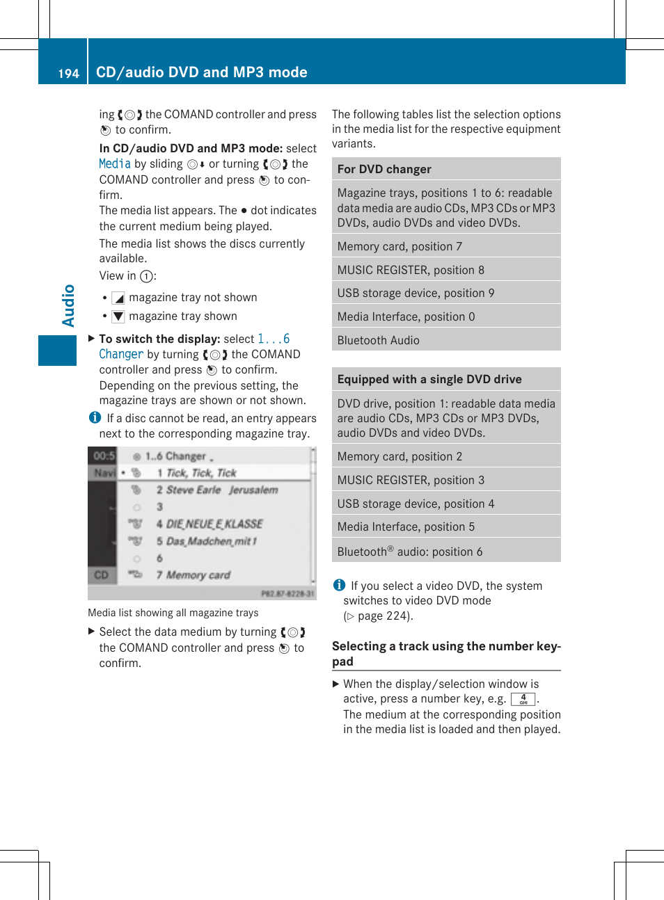 Audio, Cd/audio dvd and mp3 mode | Mercedes-Benz CLS-Class 2014 COMAND Manual User Manual | Page 196 / 270
