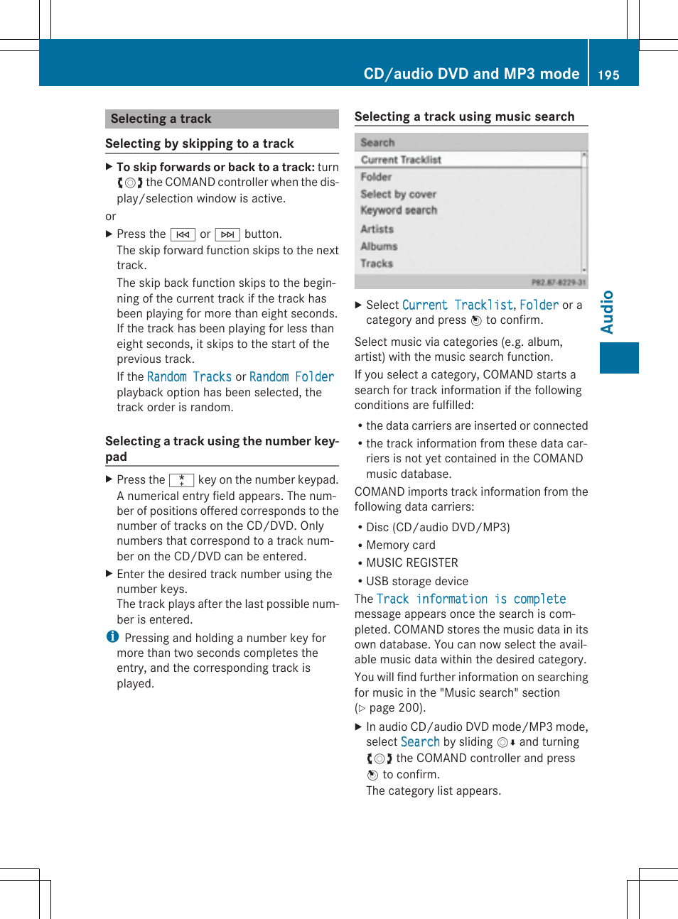 Audio, Cd/audio dvd and mp3 mode | Mercedes-Benz CLS-Class 2014 COMAND Manual User Manual | Page 197 / 270