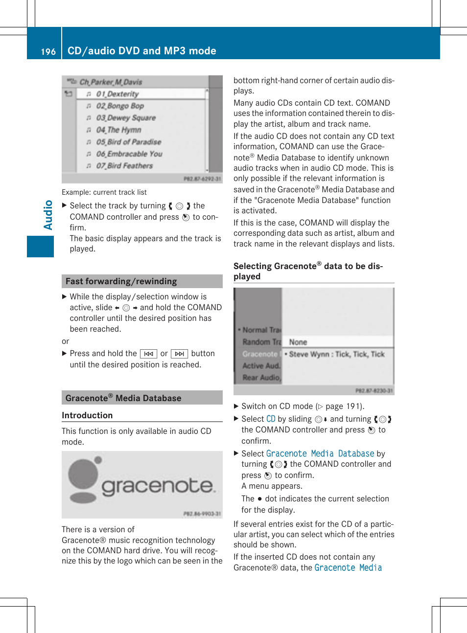 Aud io, Cd/audio dvd and mp3 mode | Mercedes-Benz CLS-Class 2014 COMAND Manual User Manual | Page 198 / 270