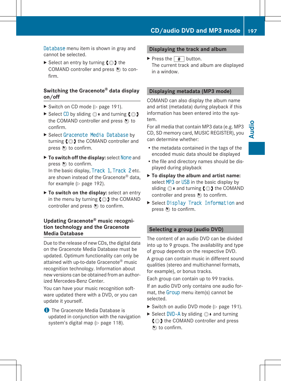 Audio, Cd/audio dvd and mp3 mode | Mercedes-Benz CLS-Class 2014 COMAND Manual User Manual | Page 199 / 270
