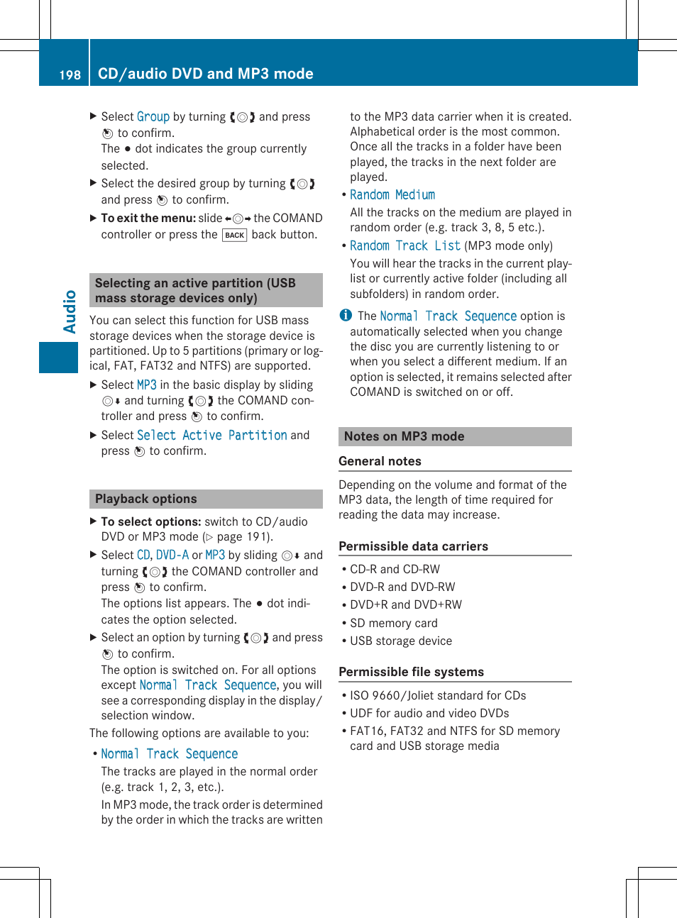 Au dio, Cd/audio dvd and mp3 mode | Mercedes-Benz CLS-Class 2014 COMAND Manual User Manual | Page 200 / 270