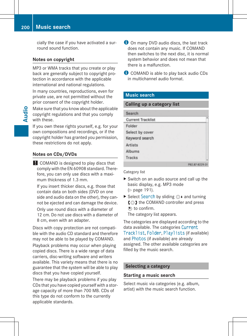Audi o, Music search | Mercedes-Benz CLS-Class 2014 COMAND Manual User Manual | Page 202 / 270