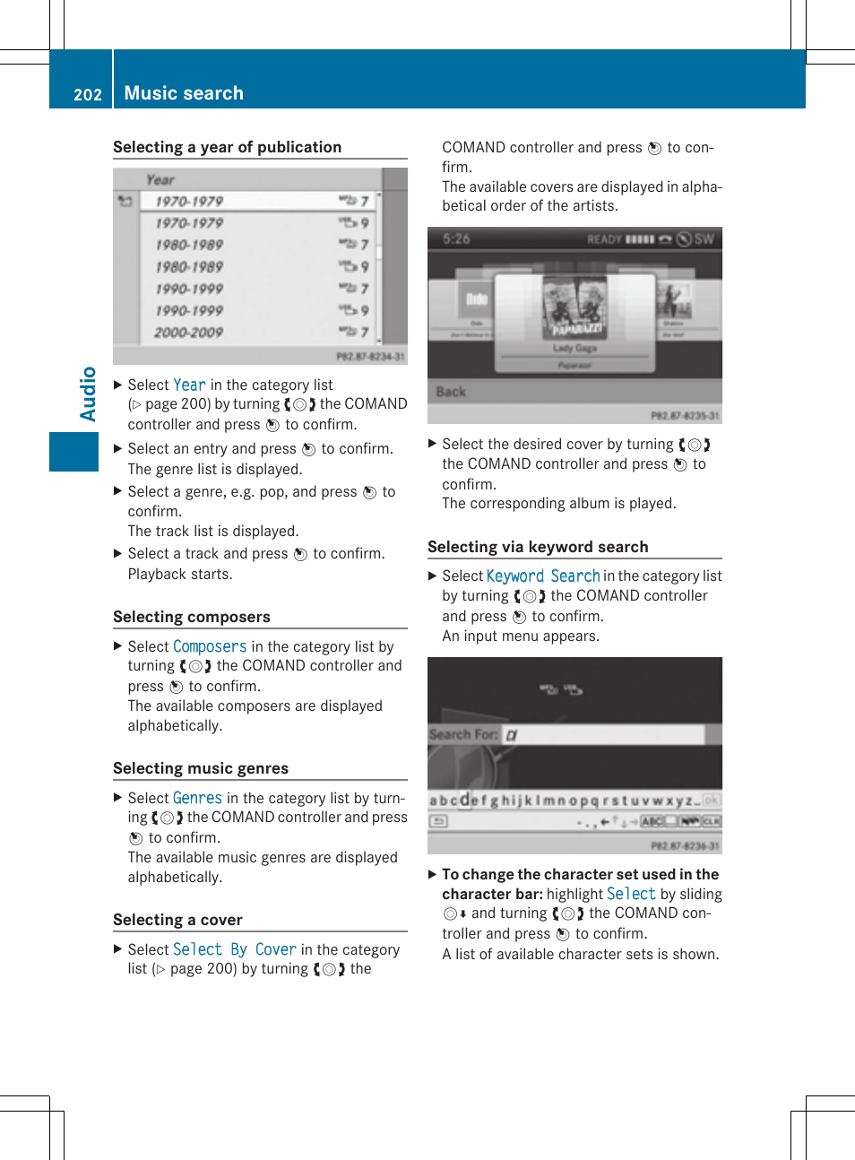 Audio, Music search | Mercedes-Benz CLS-Class 2014 COMAND Manual User Manual | Page 204 / 270