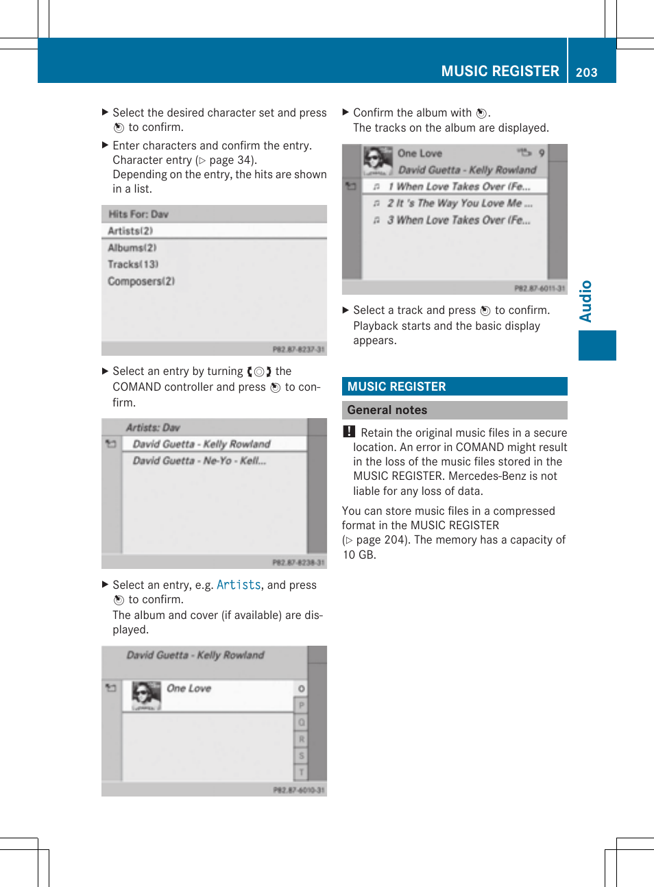 Au dio, Music register | Mercedes-Benz CLS-Class 2014 COMAND Manual User Manual | Page 205 / 270