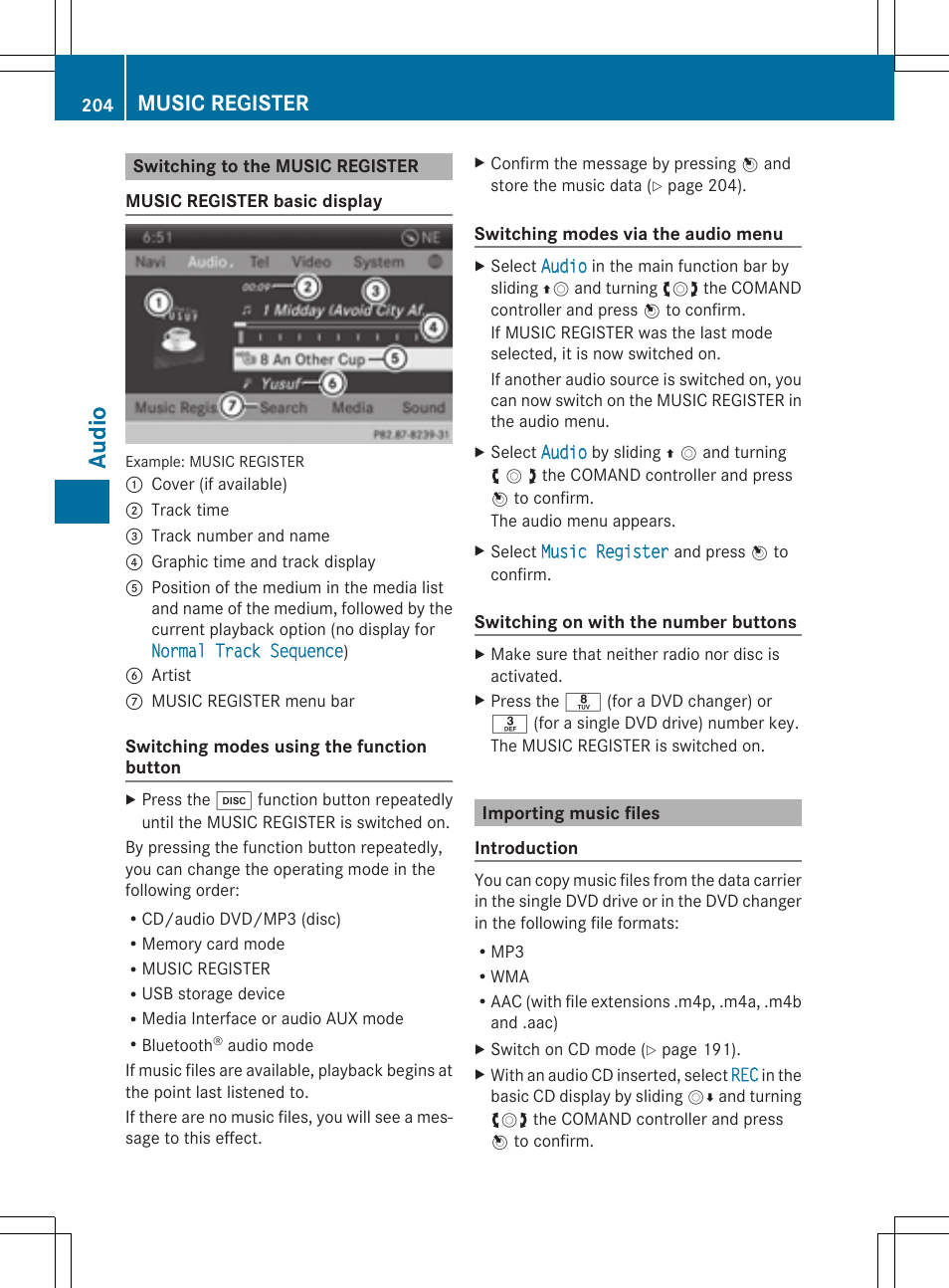 Aud io, Music register | Mercedes-Benz CLS-Class 2014 COMAND Manual User Manual | Page 206 / 270