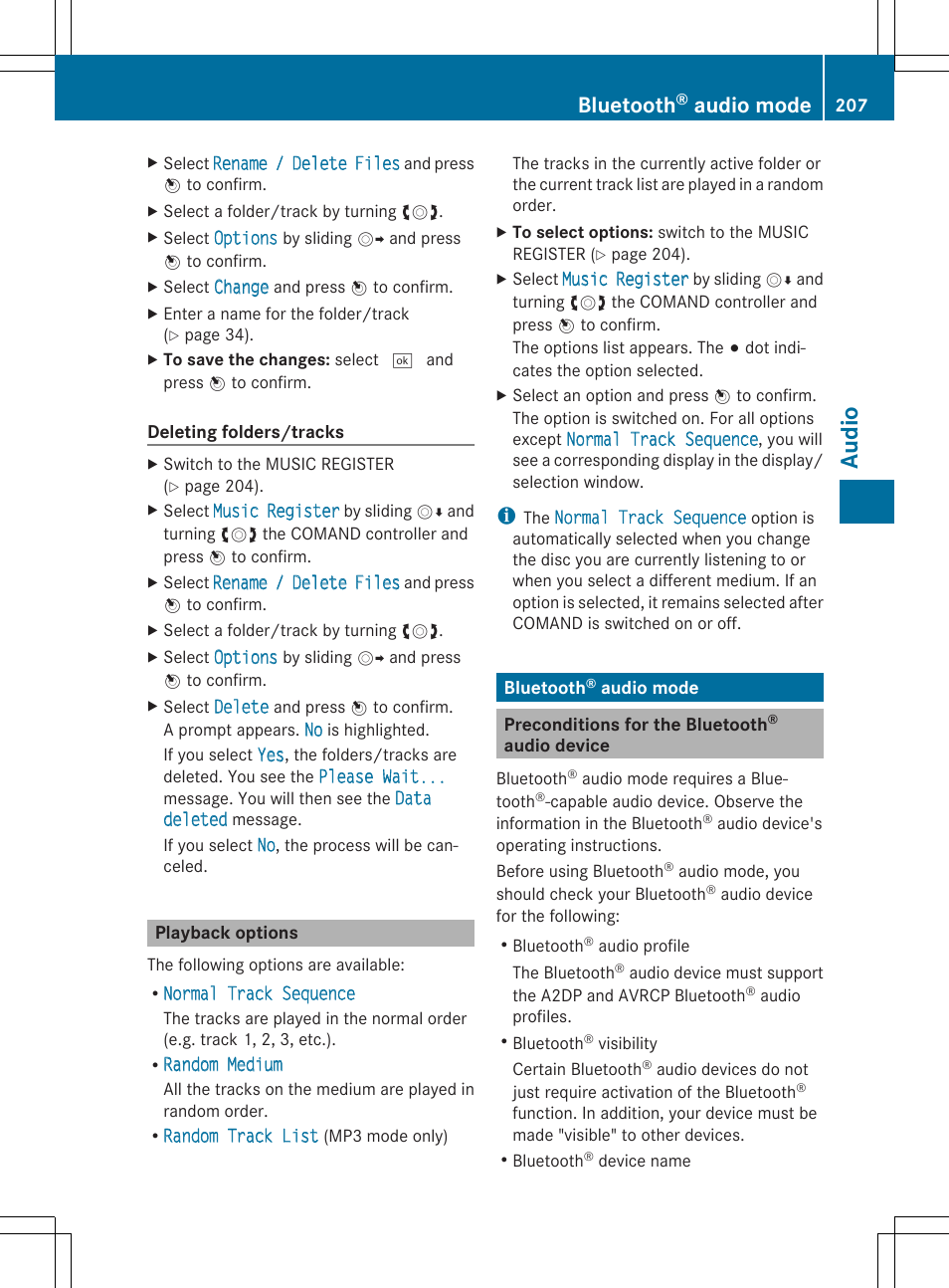 Au dio, Bluetooth, Audio mode | Mercedes-Benz CLS-Class 2014 COMAND Manual User Manual | Page 209 / 270
