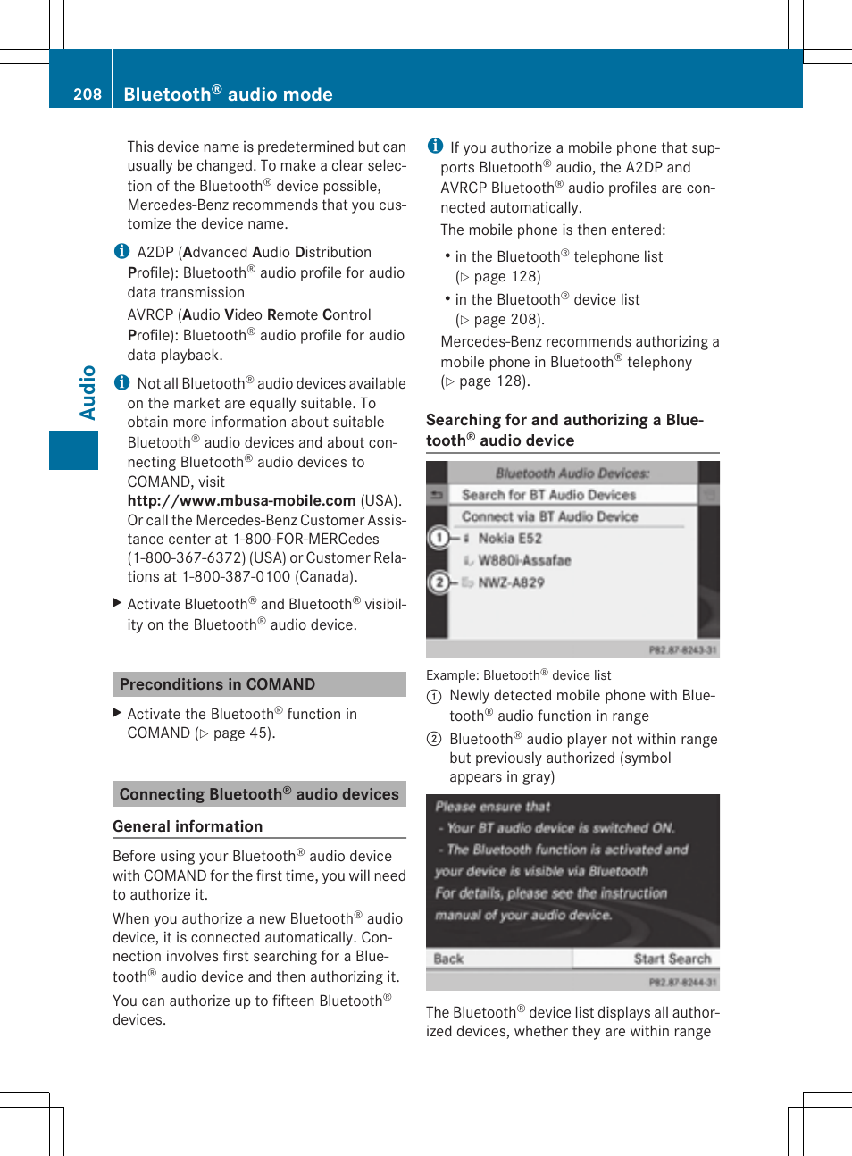 Audio, Bluetooth, Audio mode | Mercedes-Benz CLS-Class 2014 COMAND Manual User Manual | Page 210 / 270