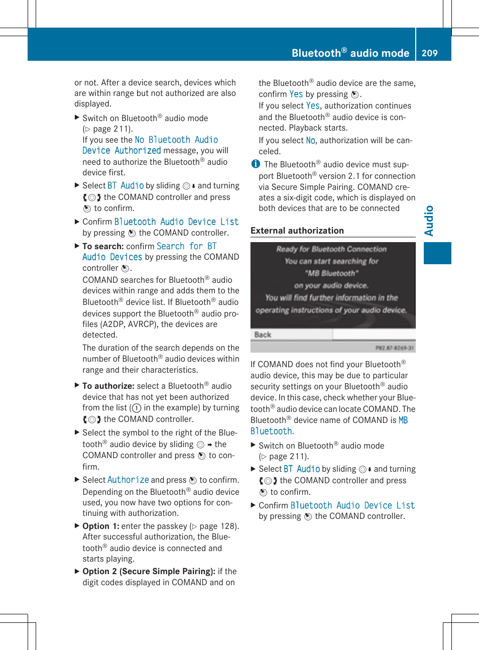 Aud io, Bluetooth, Audio mode | Mercedes-Benz CLS-Class 2014 COMAND Manual User Manual | Page 211 / 270