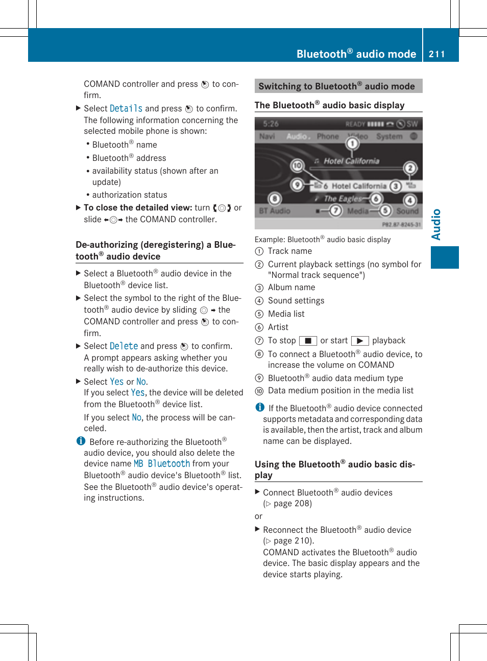 Aud io, Bluetooth, Audio mode | Mercedes-Benz CLS-Class 2014 COMAND Manual User Manual | Page 213 / 270