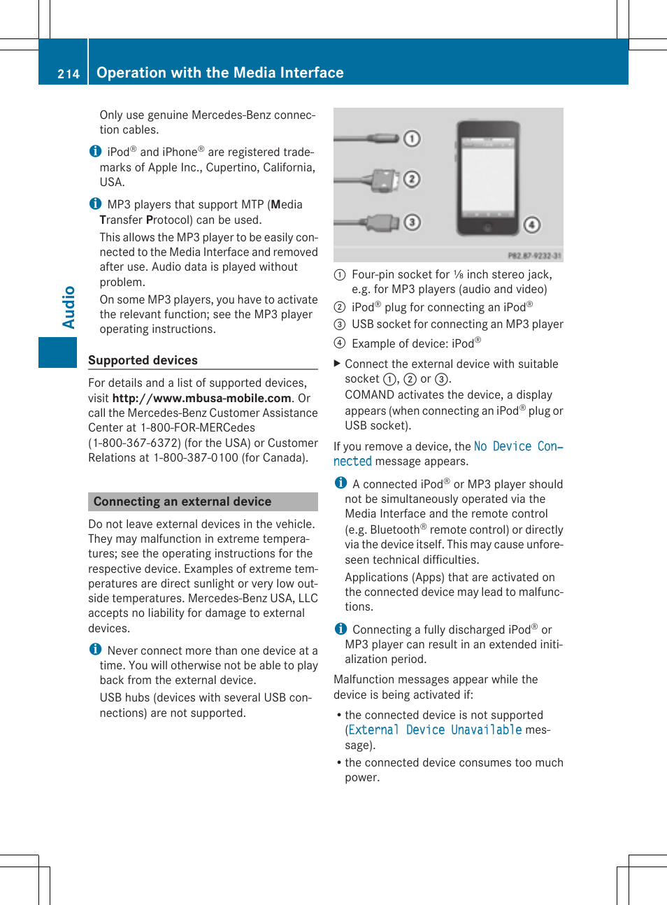 Audio, Operation with the media interface | Mercedes-Benz CLS-Class 2014 COMAND Manual User Manual | Page 216 / 270