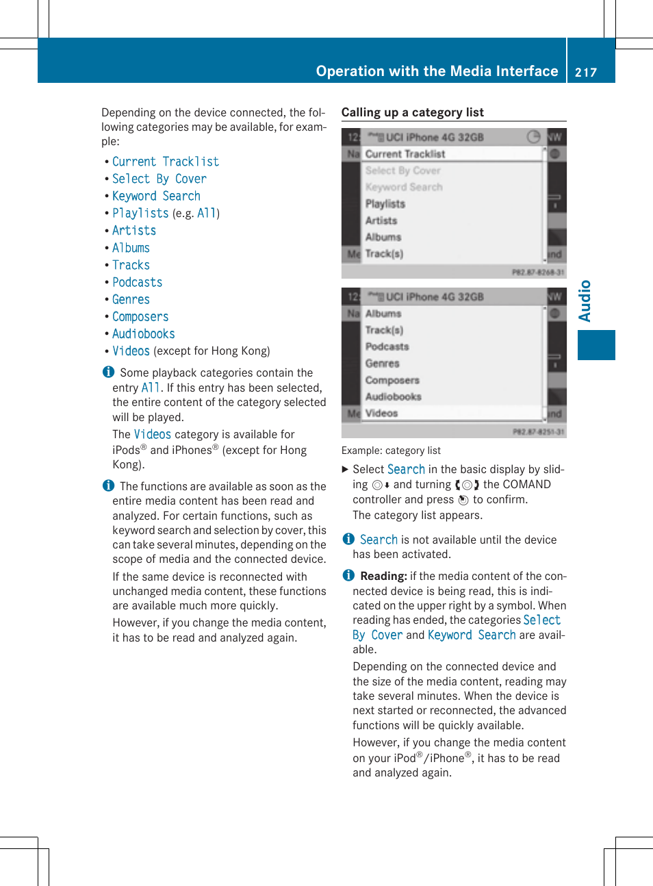 Aud io, Operation with the media interface | Mercedes-Benz CLS-Class 2014 COMAND Manual User Manual | Page 219 / 270