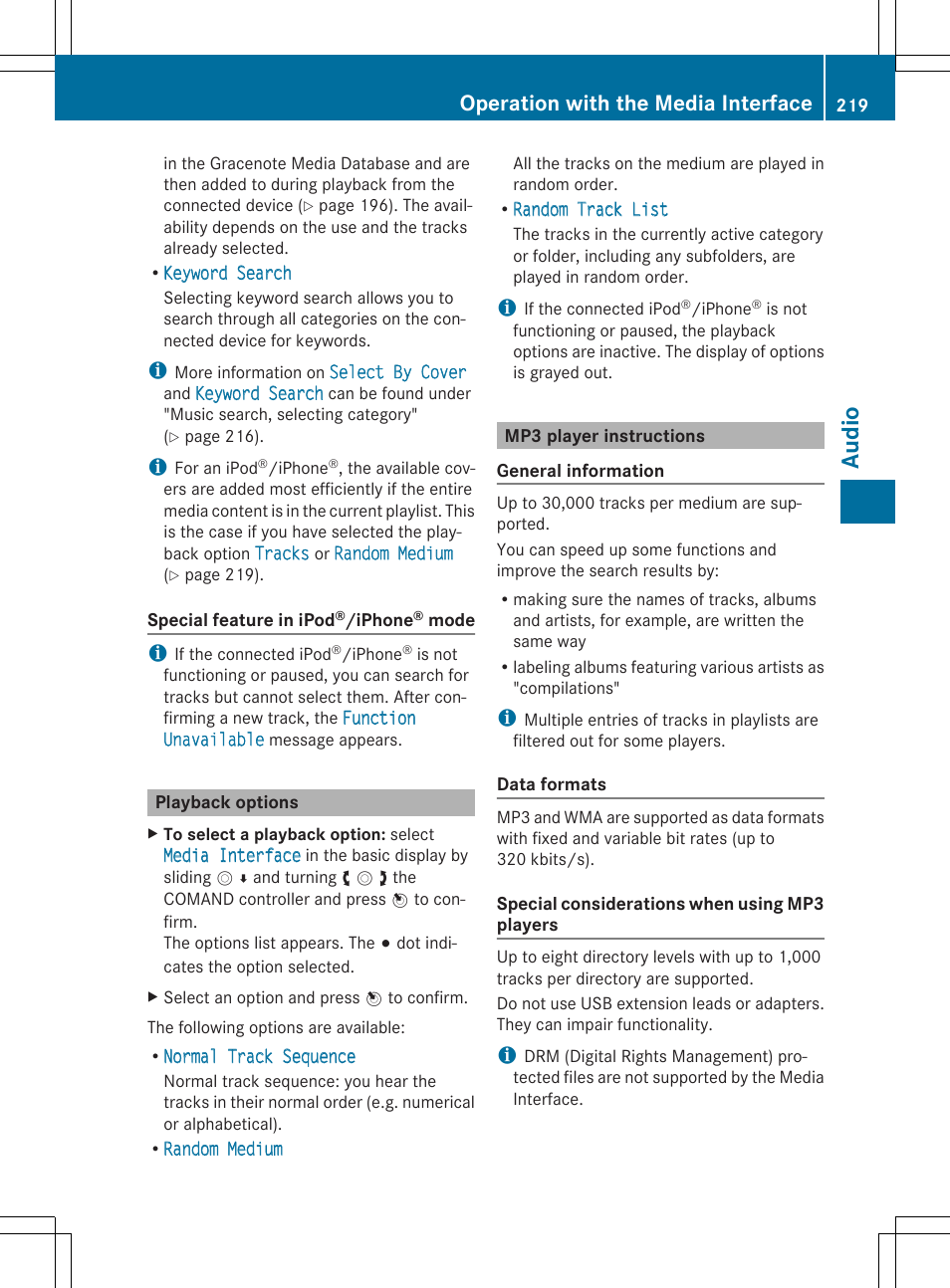 Aud io, Operation with the media interface | Mercedes-Benz CLS-Class 2014 COMAND Manual User Manual | Page 221 / 270