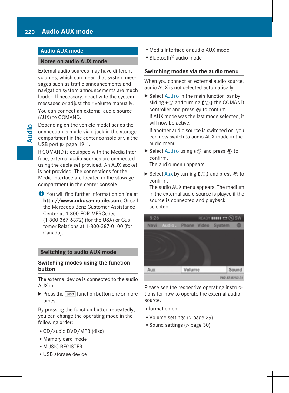 Audio, Audio aux mode | Mercedes-Benz CLS-Class 2014 COMAND Manual User Manual | Page 222 / 270