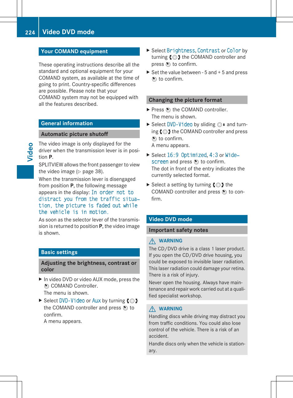 Vid eo, Video dvd mode | Mercedes-Benz CLS-Class 2014 COMAND Manual User Manual | Page 226 / 270
