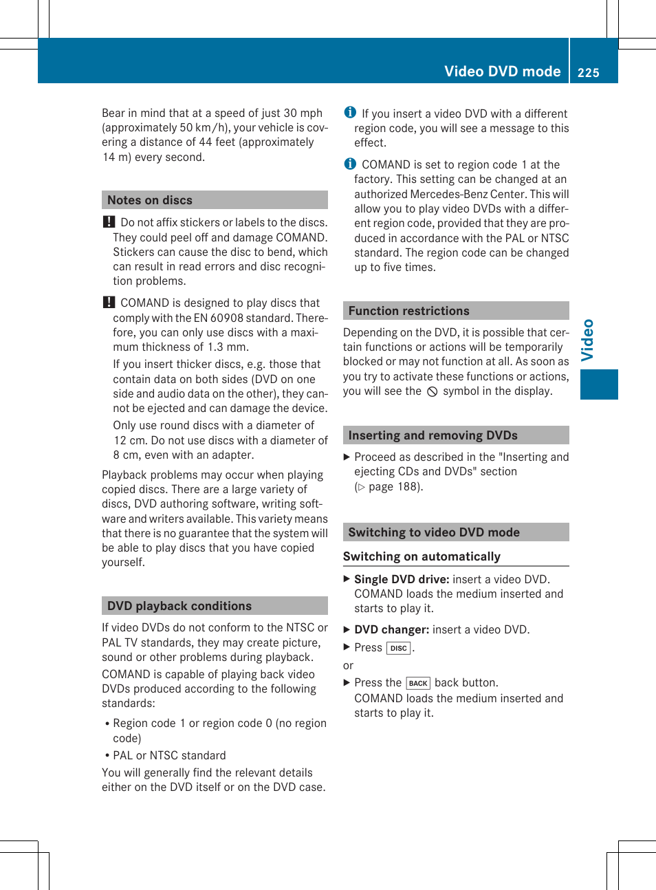 Vide o, Video dvd mode | Mercedes-Benz CLS-Class 2014 COMAND Manual User Manual | Page 227 / 270