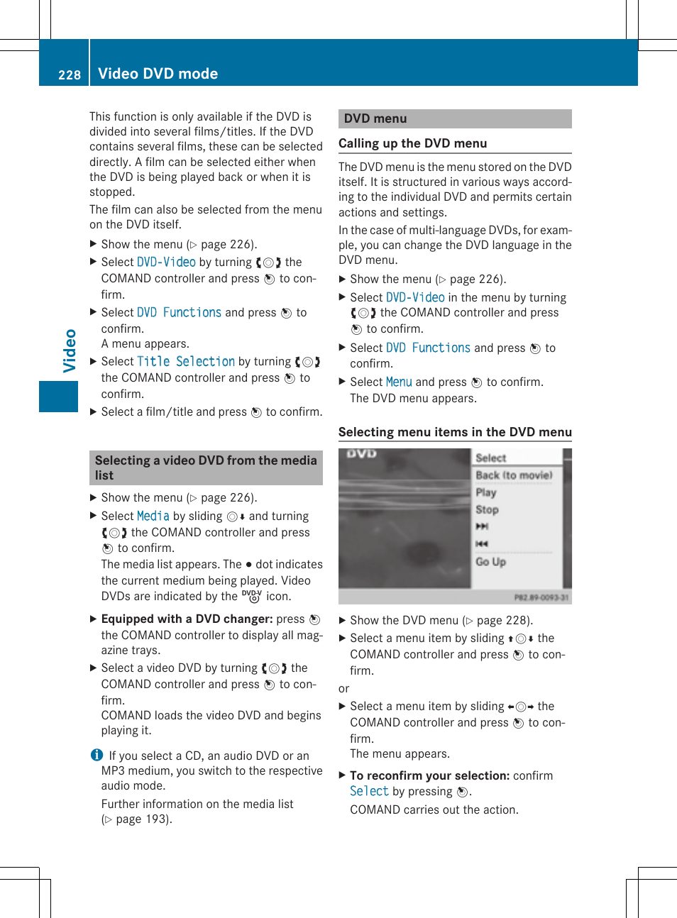 Video, Video dvd mode | Mercedes-Benz CLS-Class 2014 COMAND Manual User Manual | Page 230 / 270