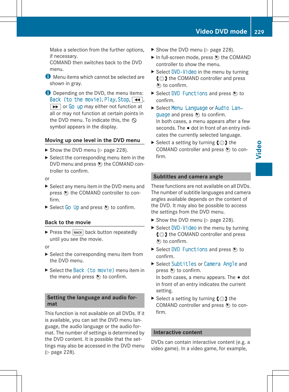 Video, Video dvd mode | Mercedes-Benz CLS-Class 2014 COMAND Manual User Manual | Page 231 / 270