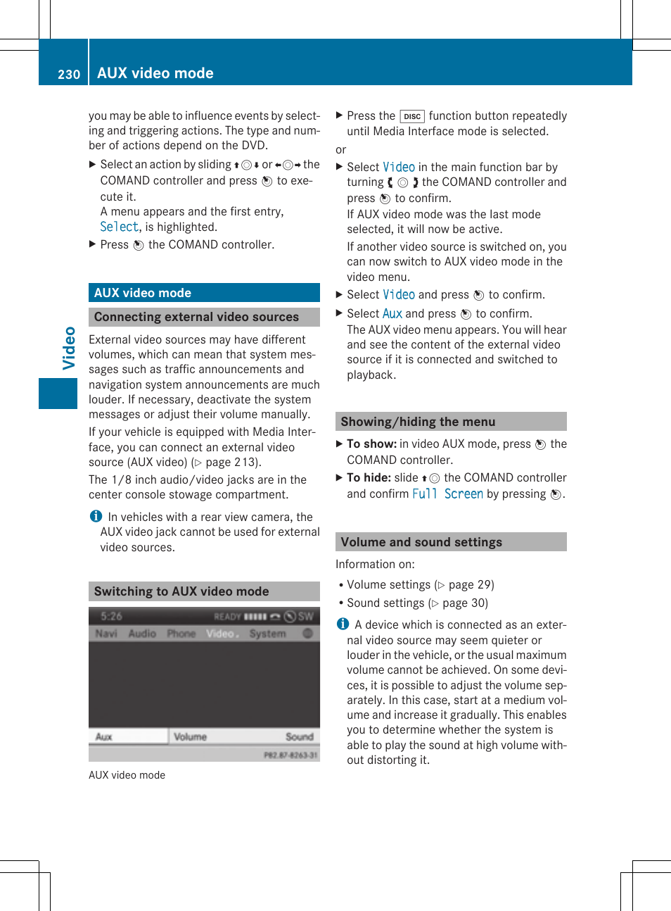 Vide o, Aux video mode | Mercedes-Benz CLS-Class 2014 COMAND Manual User Manual | Page 232 / 270