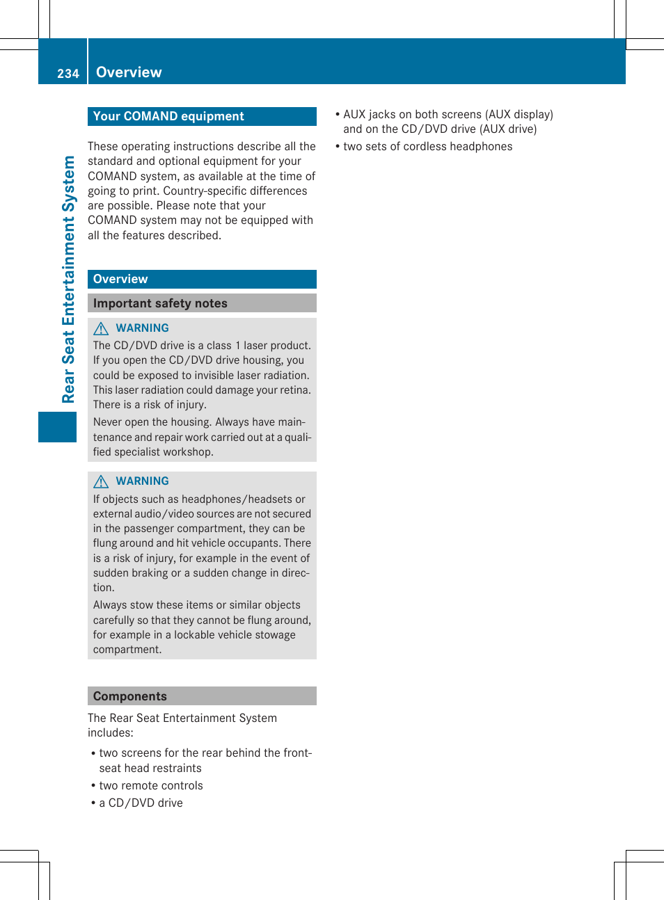 Rea rse at ent er tai nme nt sy ste m, Overview | Mercedes-Benz CLS-Class 2014 COMAND Manual User Manual | Page 236 / 270