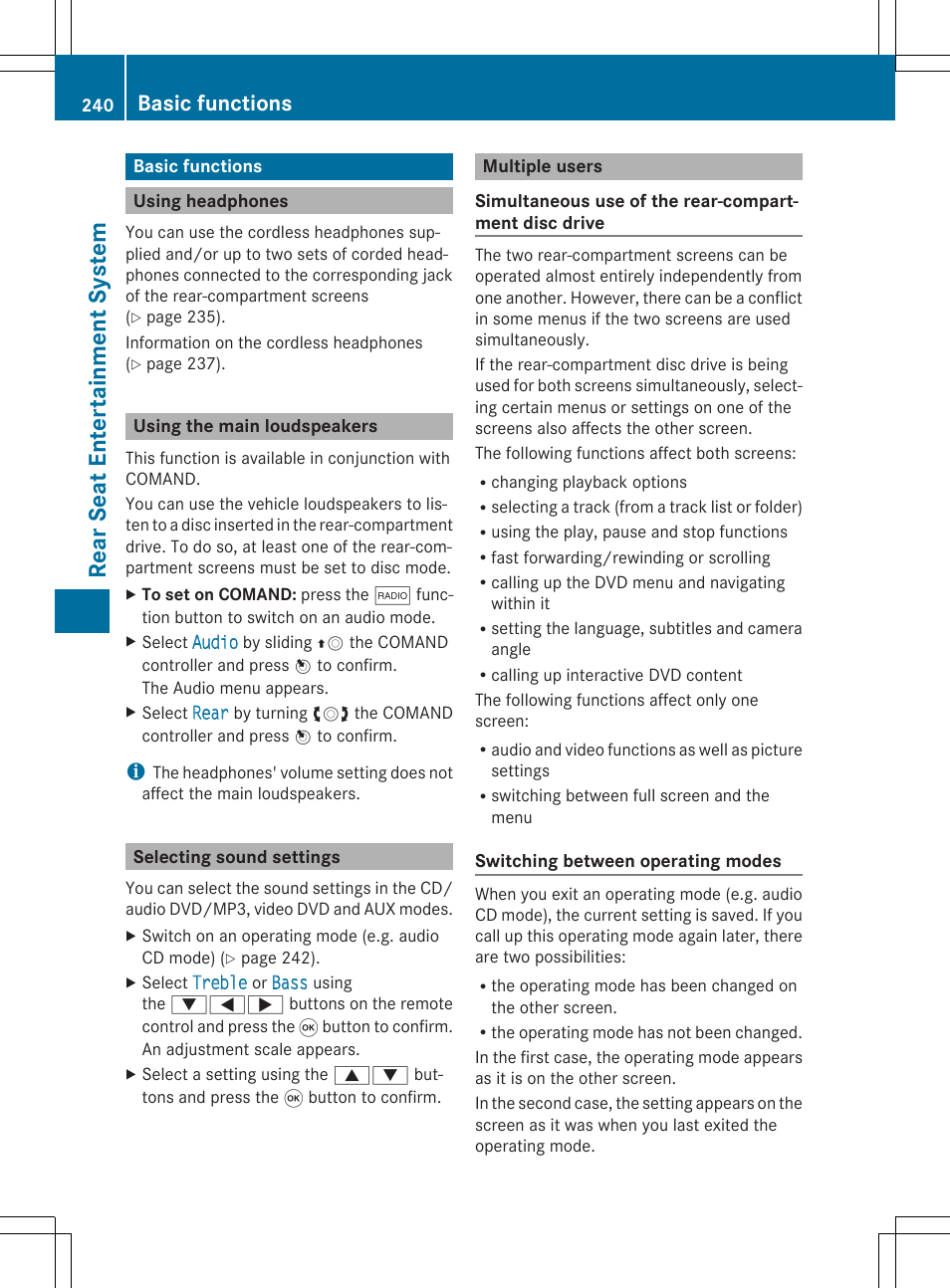 Rear se at en tertai nme nt sys tem, Basic functions | Mercedes-Benz CLS-Class 2014 COMAND Manual User Manual | Page 242 / 270