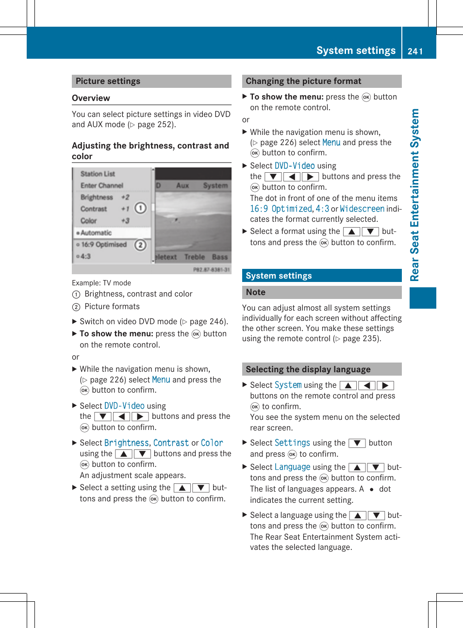 Rear seat entertainment system, System settings | Mercedes-Benz CLS-Class 2014 COMAND Manual User Manual | Page 243 / 270