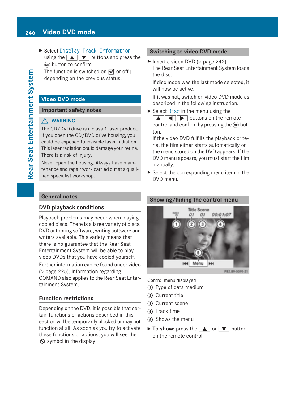 Rear se at en tertain men tsys tem, Video dvd mode | Mercedes-Benz CLS-Class 2014 COMAND Manual User Manual | Page 248 / 270