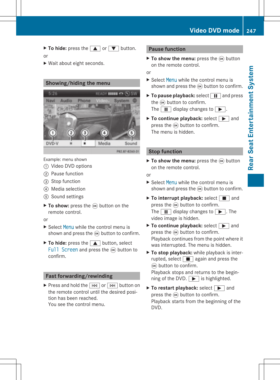 Rear se at en tertai nme nt sys tem, Video dvd mode | Mercedes-Benz CLS-Class 2014 COMAND Manual User Manual | Page 249 / 270