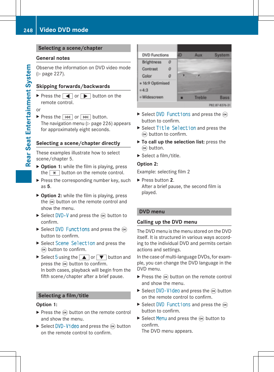 Rear seat entertainment system, Video dvd mode | Mercedes-Benz CLS-Class 2014 COMAND Manual User Manual | Page 250 / 270