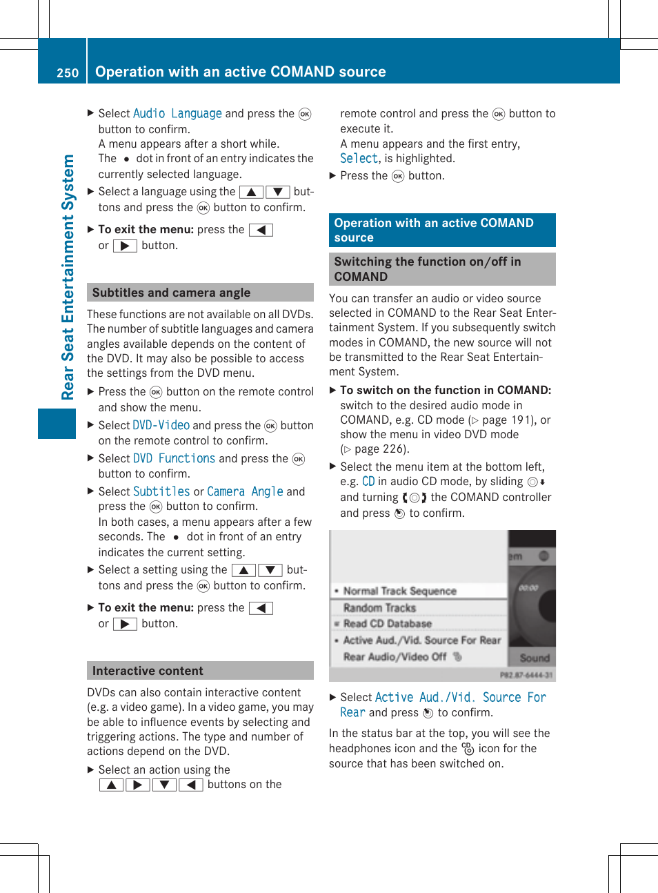 Rear se at en tertain men tsys tem, Operation with an active comand source | Mercedes-Benz CLS-Class 2014 COMAND Manual User Manual | Page 252 / 270