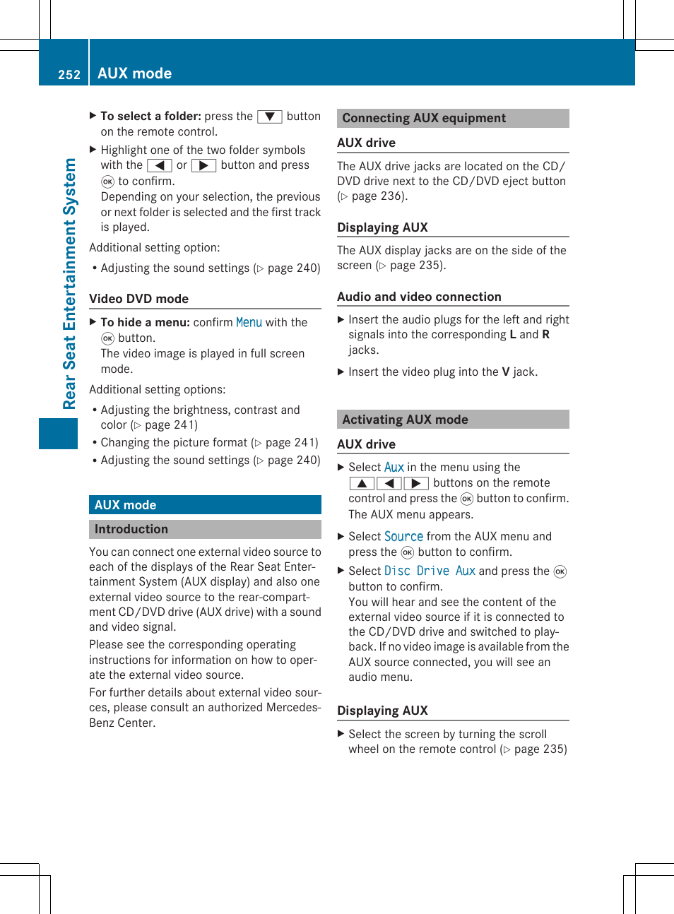 Rear se at en tertai nme nt sys tem, Aux mode | Mercedes-Benz CLS-Class 2014 COMAND Manual User Manual | Page 254 / 270