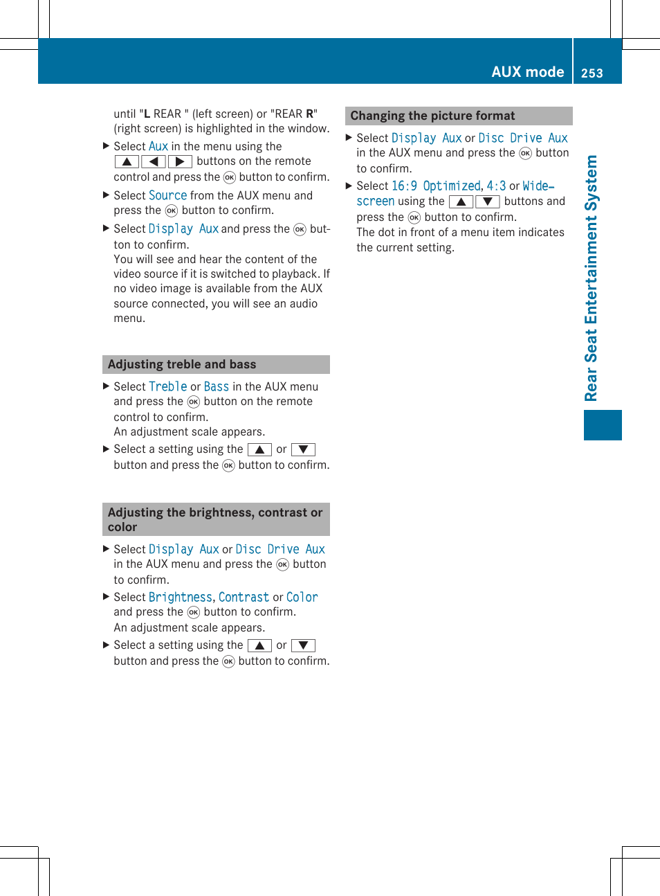 Rea rse at ent er tai nme nt sy ste m, Aux mode | Mercedes-Benz CLS-Class 2014 COMAND Manual User Manual | Page 255 / 270