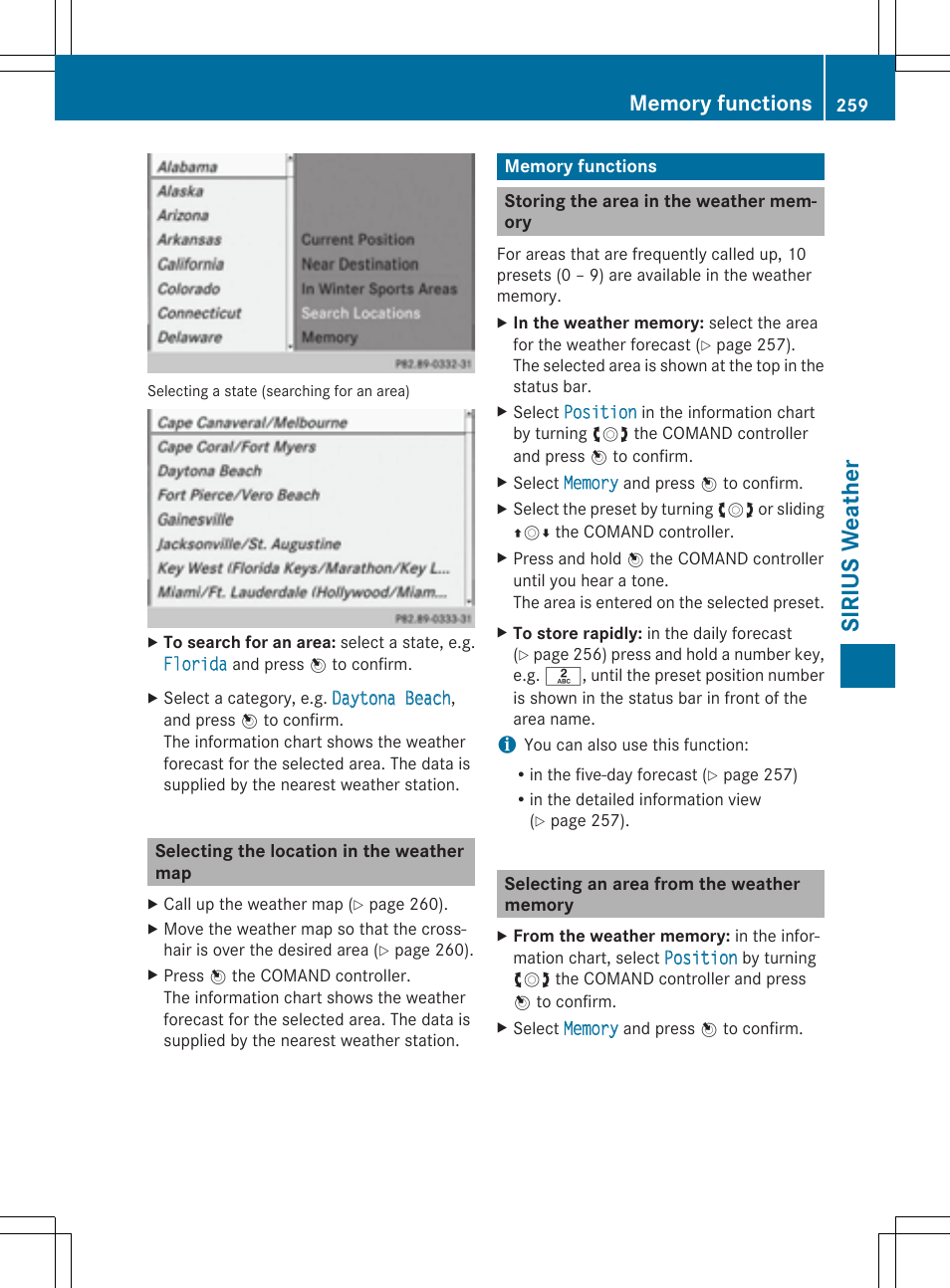 Siriu s weathe r | Mercedes-Benz CLS-Class 2014 COMAND Manual User Manual | Page 261 / 270