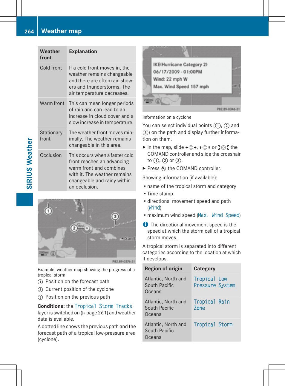Sirius weather, Weather map | Mercedes-Benz CLS-Class 2014 COMAND Manual User Manual | Page 266 / 270