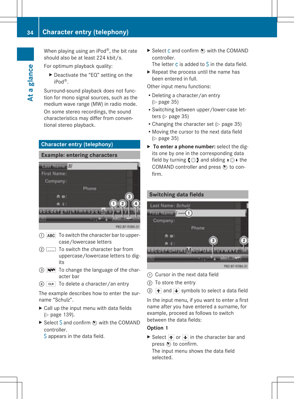 At a glance, Character entry (telephony) | Mercedes-Benz CLS-Class 2014 COMAND Manual User Manual | Page 36 / 270