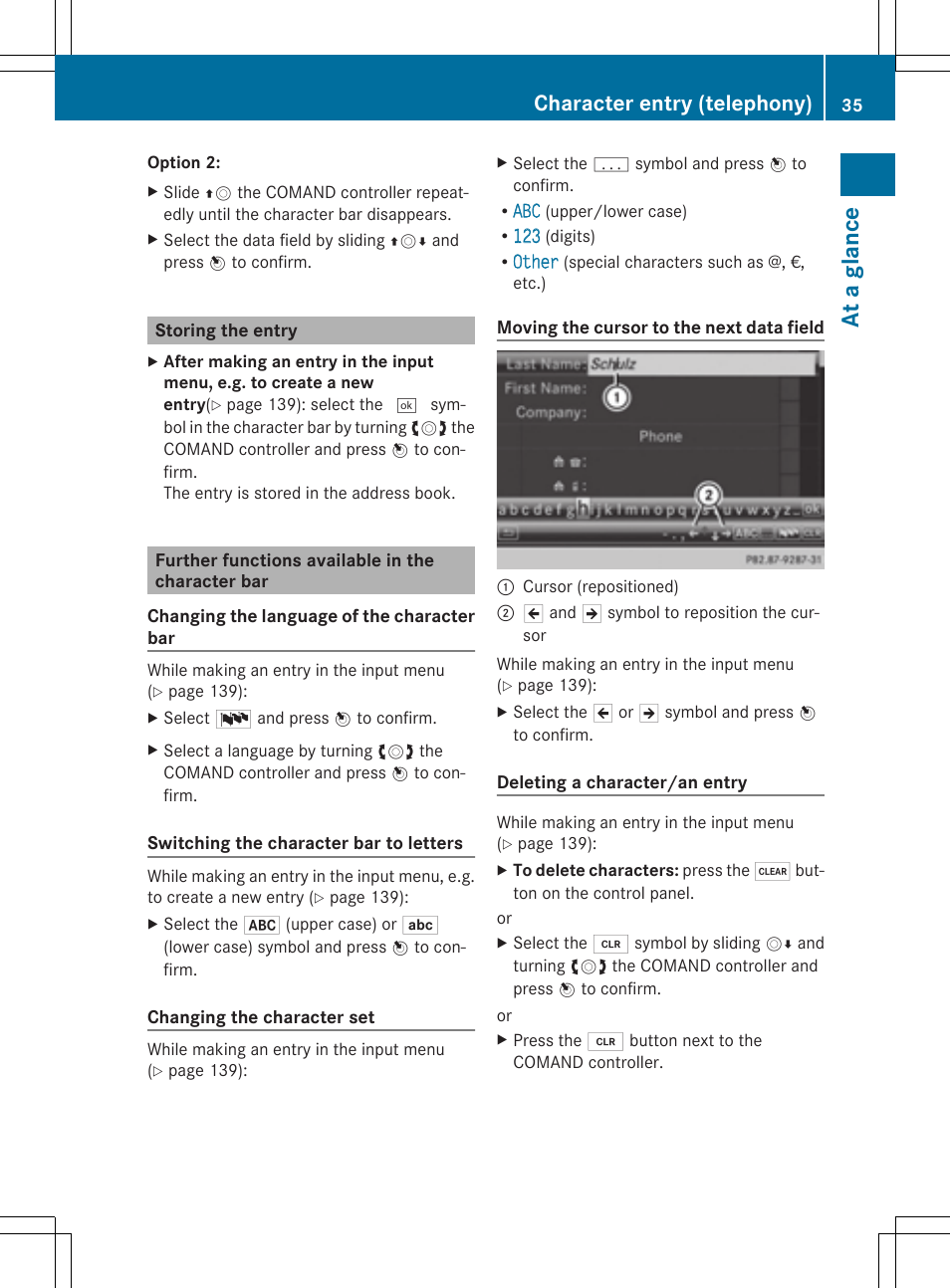 At a glance, Character entry (telephony) | Mercedes-Benz CLS-Class 2014 COMAND Manual User Manual | Page 37 / 270