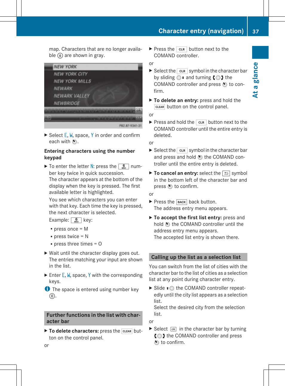 At a glance, Character entry (navigation) | Mercedes-Benz CLS-Class 2014 COMAND Manual User Manual | Page 39 / 270