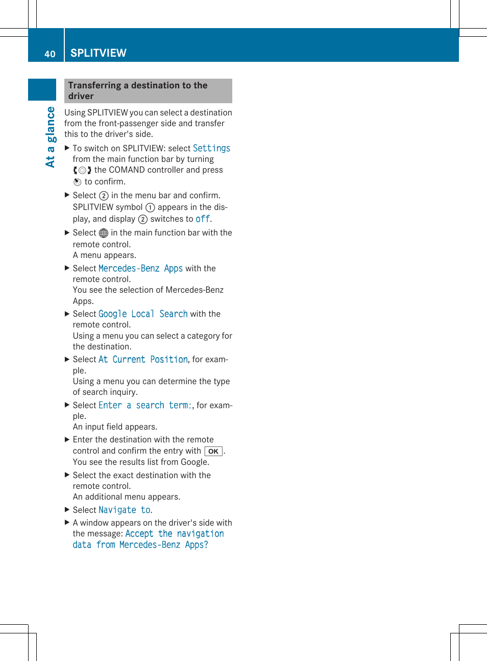 At a gl anc e, Splitview | Mercedes-Benz CLS-Class 2014 COMAND Manual User Manual | Page 42 / 270