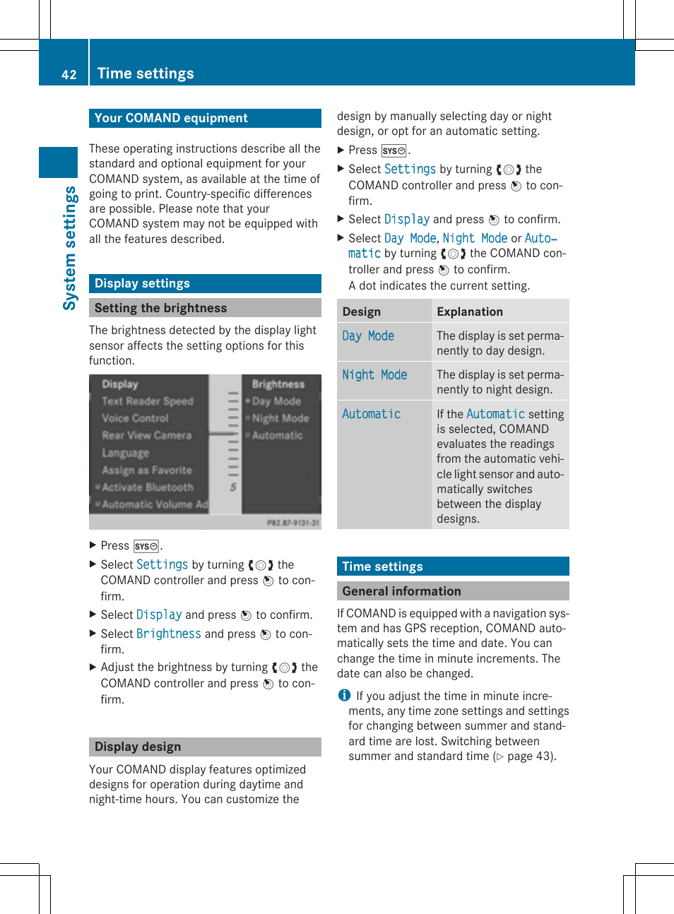 Sy ste m se ttin gs, Time settings | Mercedes-Benz CLS-Class 2014 COMAND Manual User Manual | Page 44 / 270