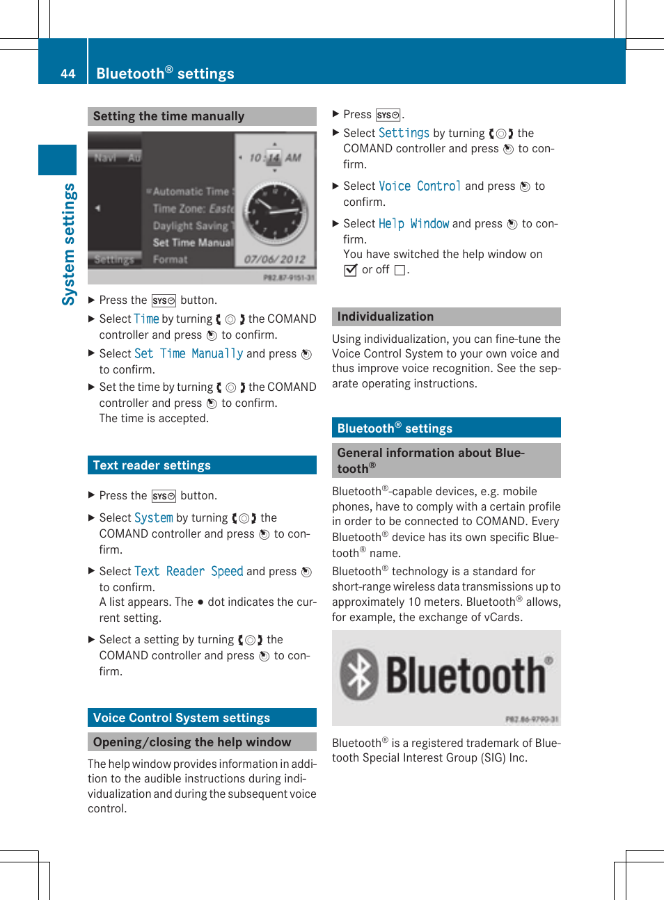 Sys tem se ttin gs, Bluetooth, Settings | Mercedes-Benz CLS-Class 2014 COMAND Manual User Manual | Page 46 / 270