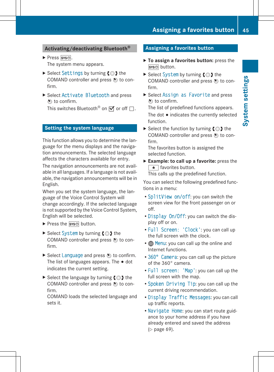 Sys tem set tings, Assigning a favorites button | Mercedes-Benz CLS-Class 2014 COMAND Manual User Manual | Page 47 / 270