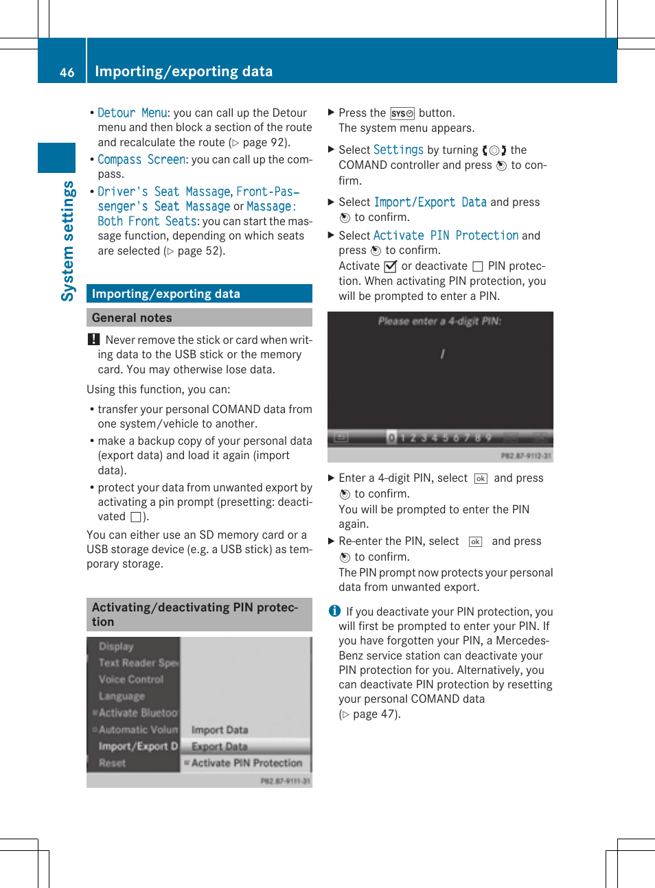 System settings, Importing/exporting data | Mercedes-Benz CLS-Class 2014 COMAND Manual User Manual | Page 48 / 270