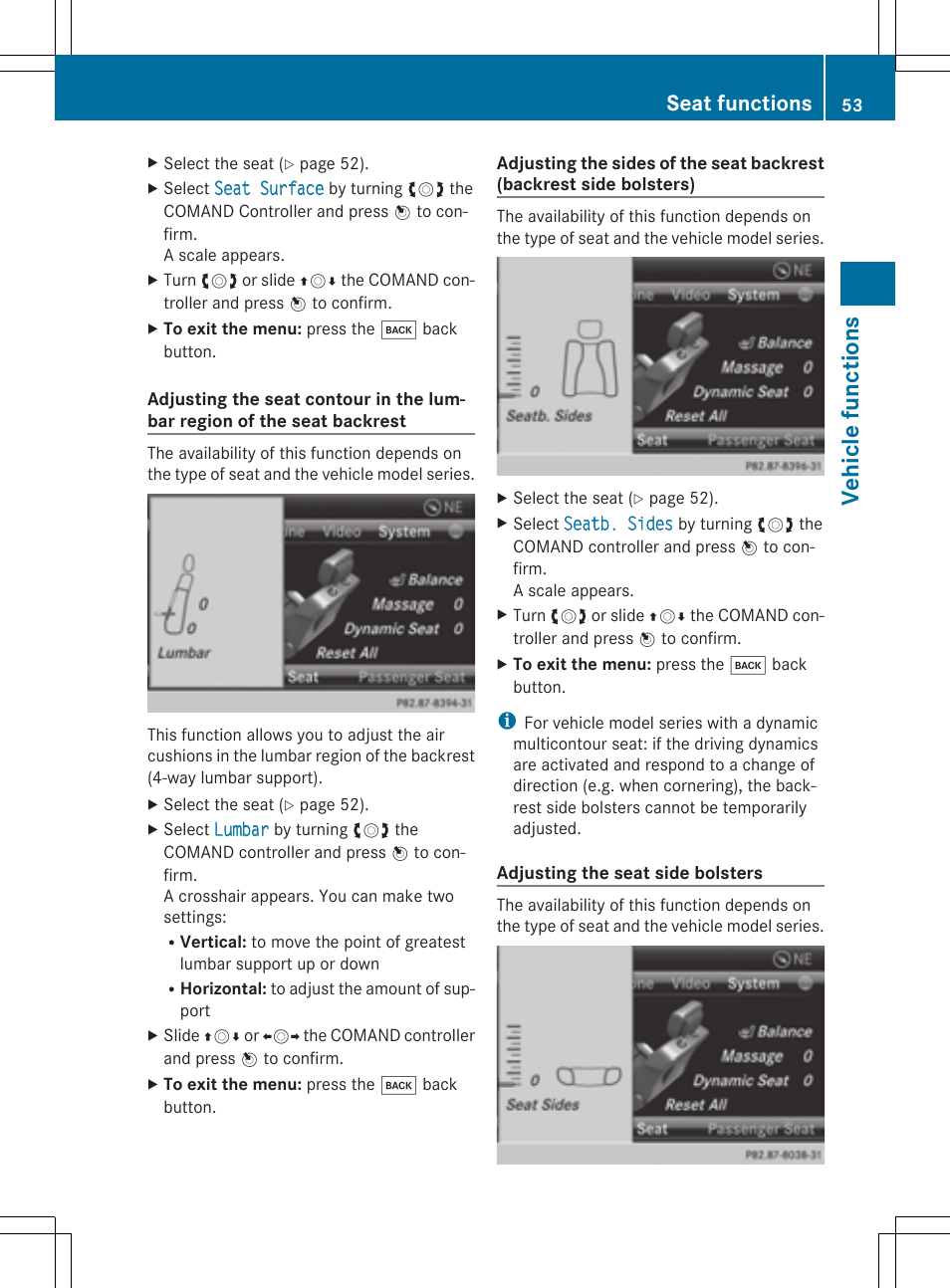 Vehi cl e func tio ns, Seat functions | Mercedes-Benz CLS-Class 2014 COMAND Manual User Manual | Page 55 / 270