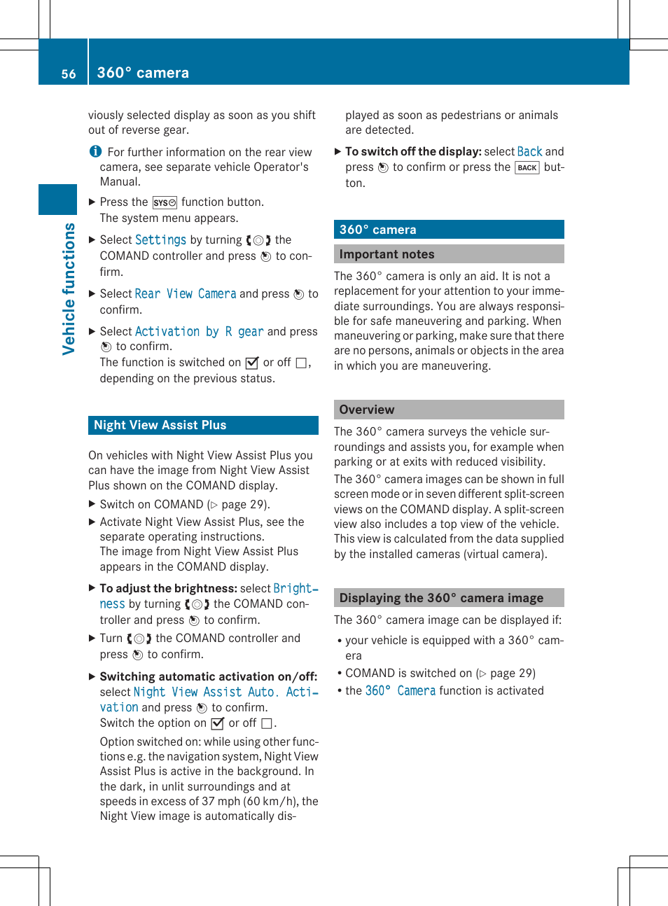 Vehic le functio ns, 360° camera | Mercedes-Benz CLS-Class 2014 COMAND Manual User Manual | Page 58 / 270