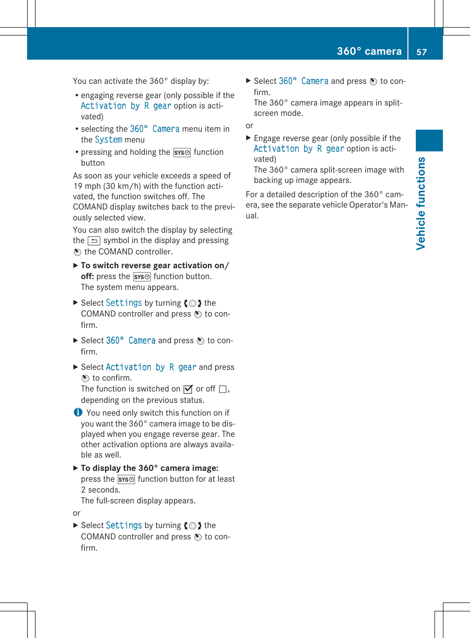 Veh icle fun ctions, 360° camera | Mercedes-Benz CLS-Class 2014 COMAND Manual User Manual | Page 59 / 270