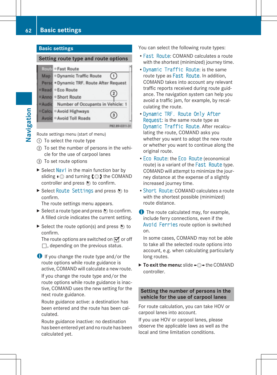 Navi gati on, Basic settings | Mercedes-Benz CLS-Class 2014 COMAND Manual User Manual | Page 64 / 270