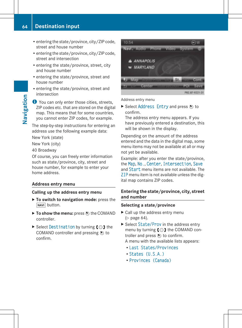 Navigation, Destination input | Mercedes-Benz CLS-Class 2014 COMAND Manual User Manual | Page 66 / 270