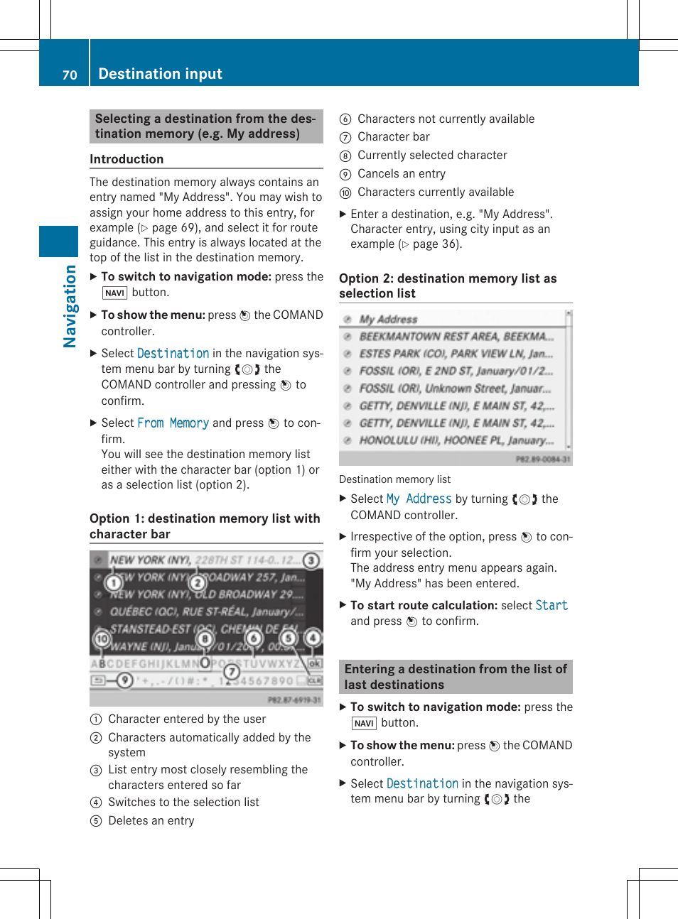 Navigation, Destination input | Mercedes-Benz CLS-Class 2014 COMAND Manual User Manual | Page 72 / 270